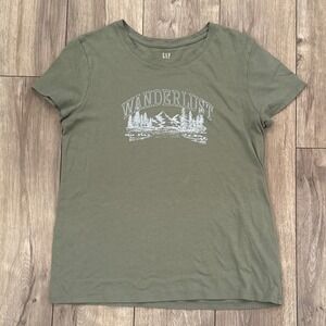 GAP Men Wanderlust Graphic T Shirt Olive Green Short Sleeve Cotton Blend Size L